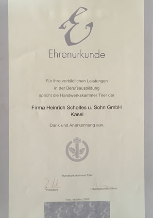Ehrenurkunde 2006 für vorbildliche Leistungen in der Berufsausbildung von der Handwerkskammer Trier